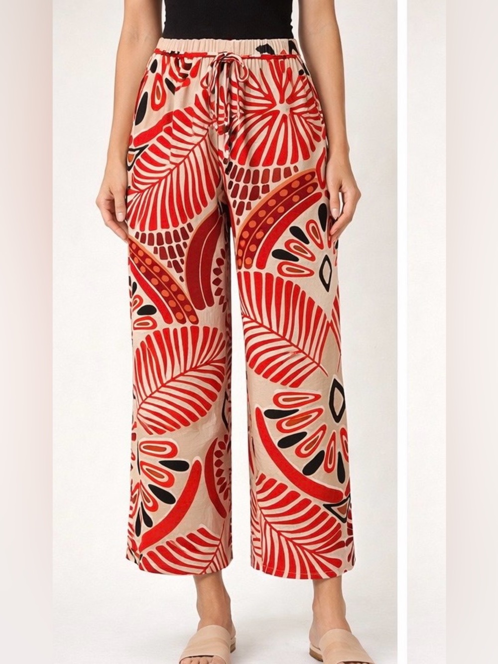 Mlle Gabrielle Beige Wide-Leg Pants with Red Graphic Print